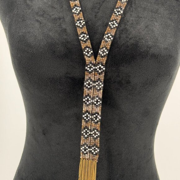 Southwestern Style Necklace Womens Beaded Tassel Black Bronze Patterned Fringe - Picture 3 of 7